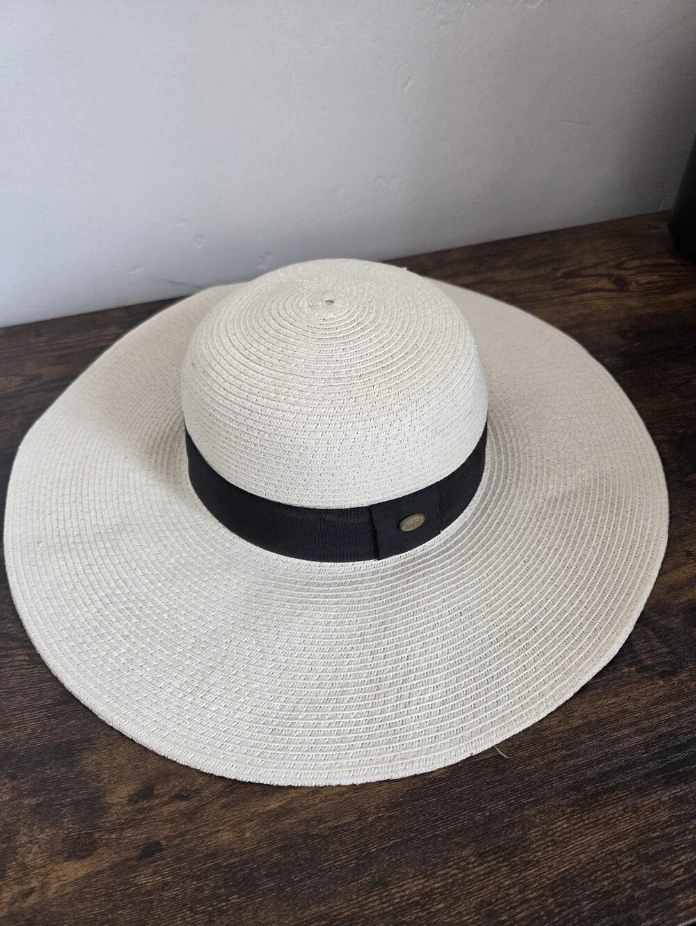 Angela William Straw Beach Sun Hat White Paper Black Band Resortwear Travel